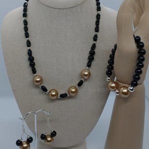 Black and Gold 3pc Necklace, Earring and Bracelet Set - Handmade with Love